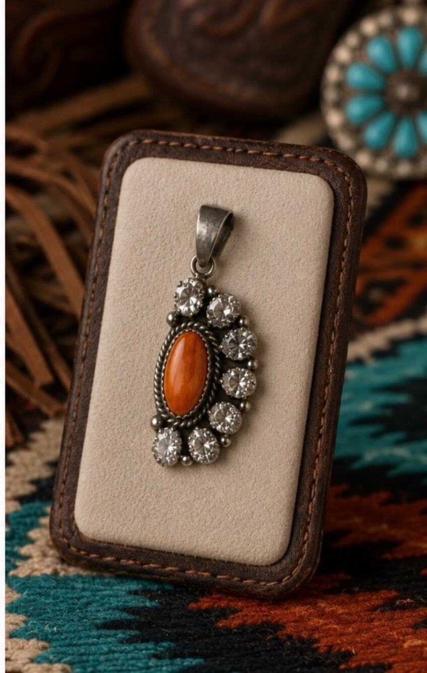 Orange Spiny Oyster with Cubic Zirconia set in Sterling Silver Pendant